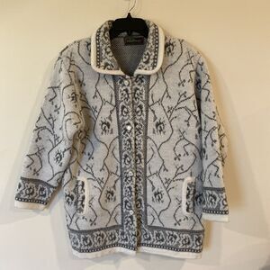 Indutexsa Cream and gray Floral Cardigan Thick Knit Button Sweater L